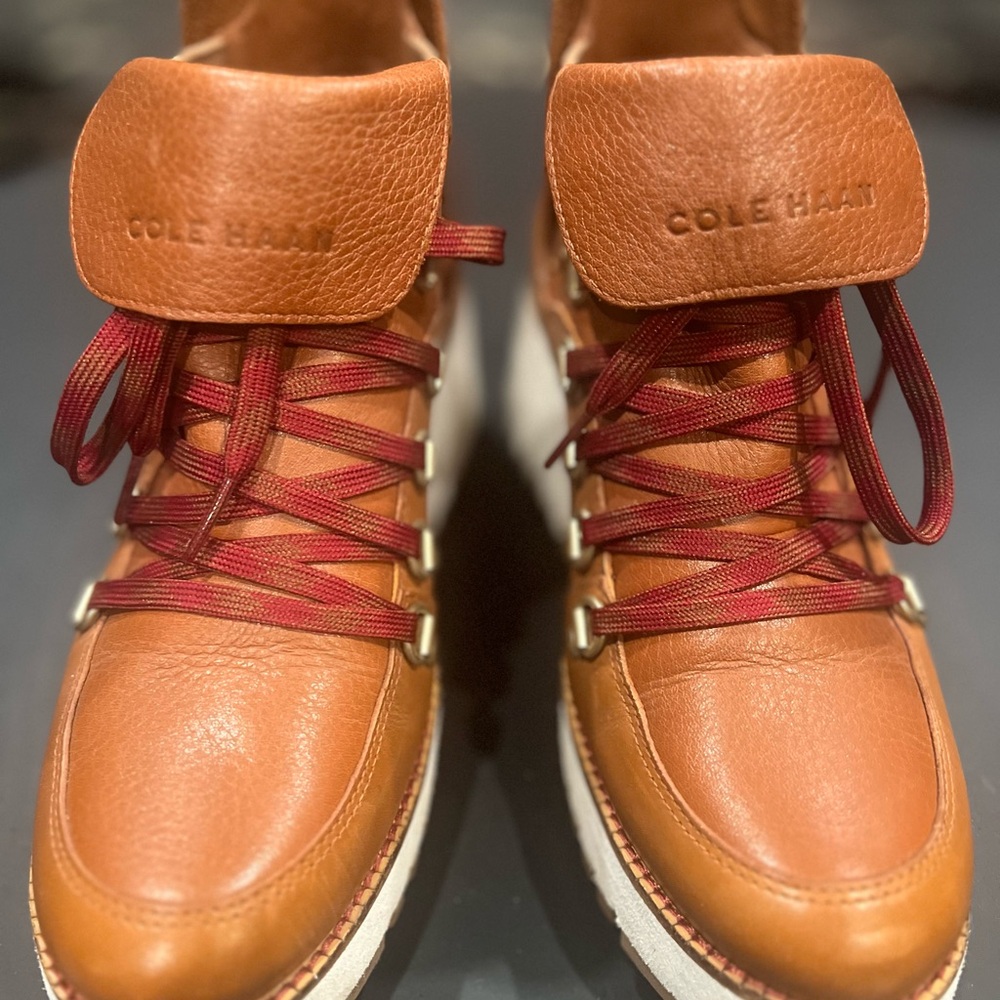 Cole Haan Brown Ankle Boots with Red Laces and Unique Cuff
